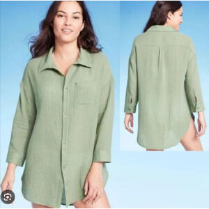 Kona Sol Cotton Gauze Button Sage Blouse Shirt Size XL 10-16